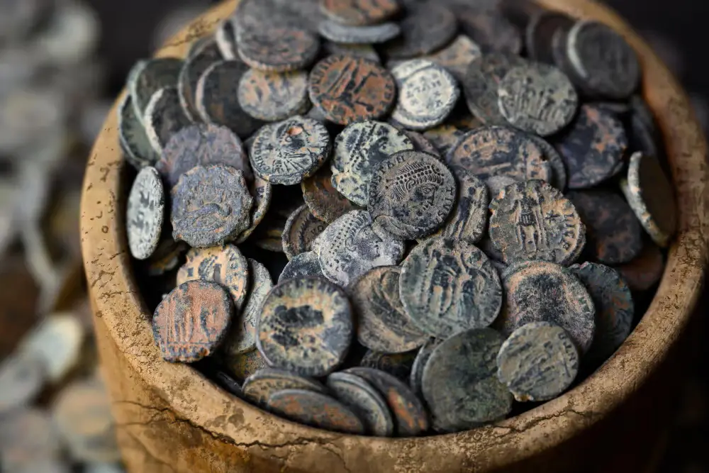 Bowl filled with ancient coins