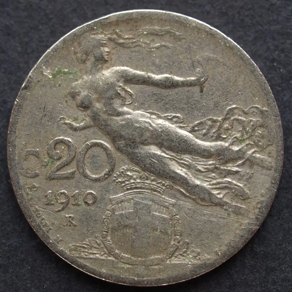 Close-up of a 1910 silver 20 centesimi coin