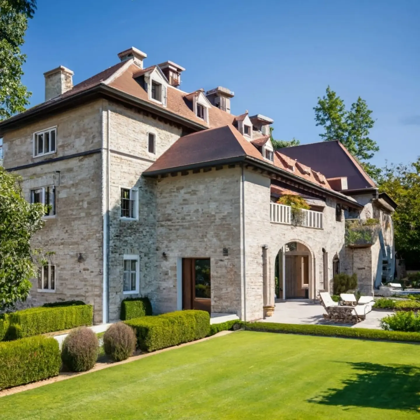 Stone house with a formal lawn and hedges