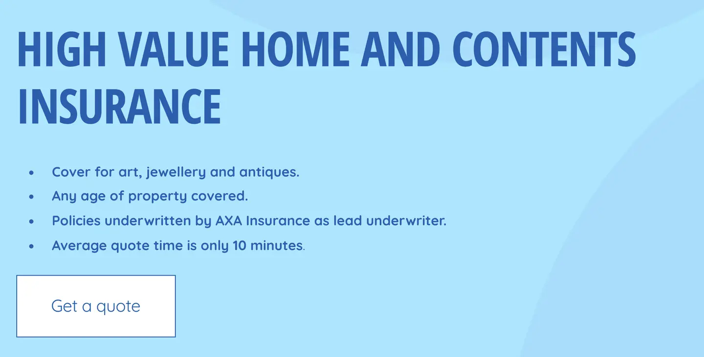 Home Protect's High Value Home and Contents Insurance page, listing cover for art, jewellery and antiques, underwritten by AXA Insurance