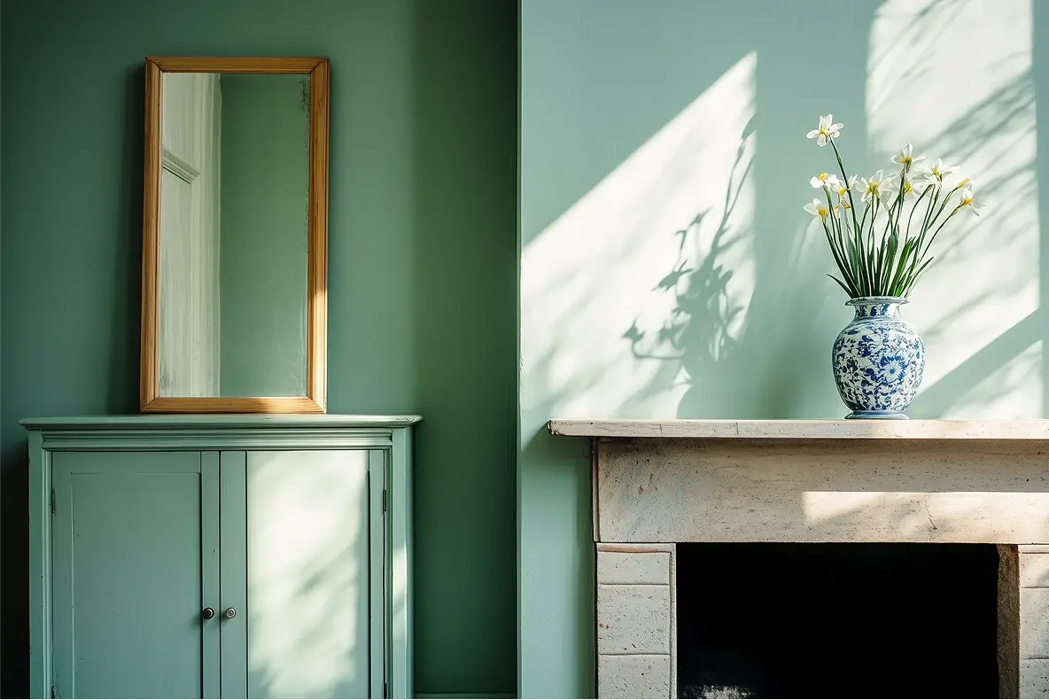 A blue and white vase of white flowers on a stone mantelpiece against a sage green wall