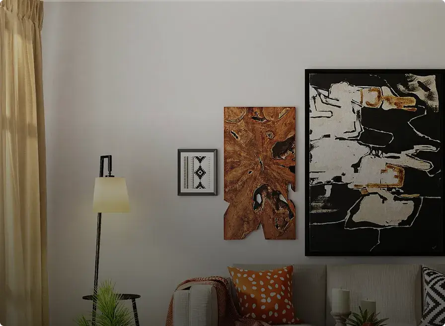 Living room with framed modern artworks on the wall