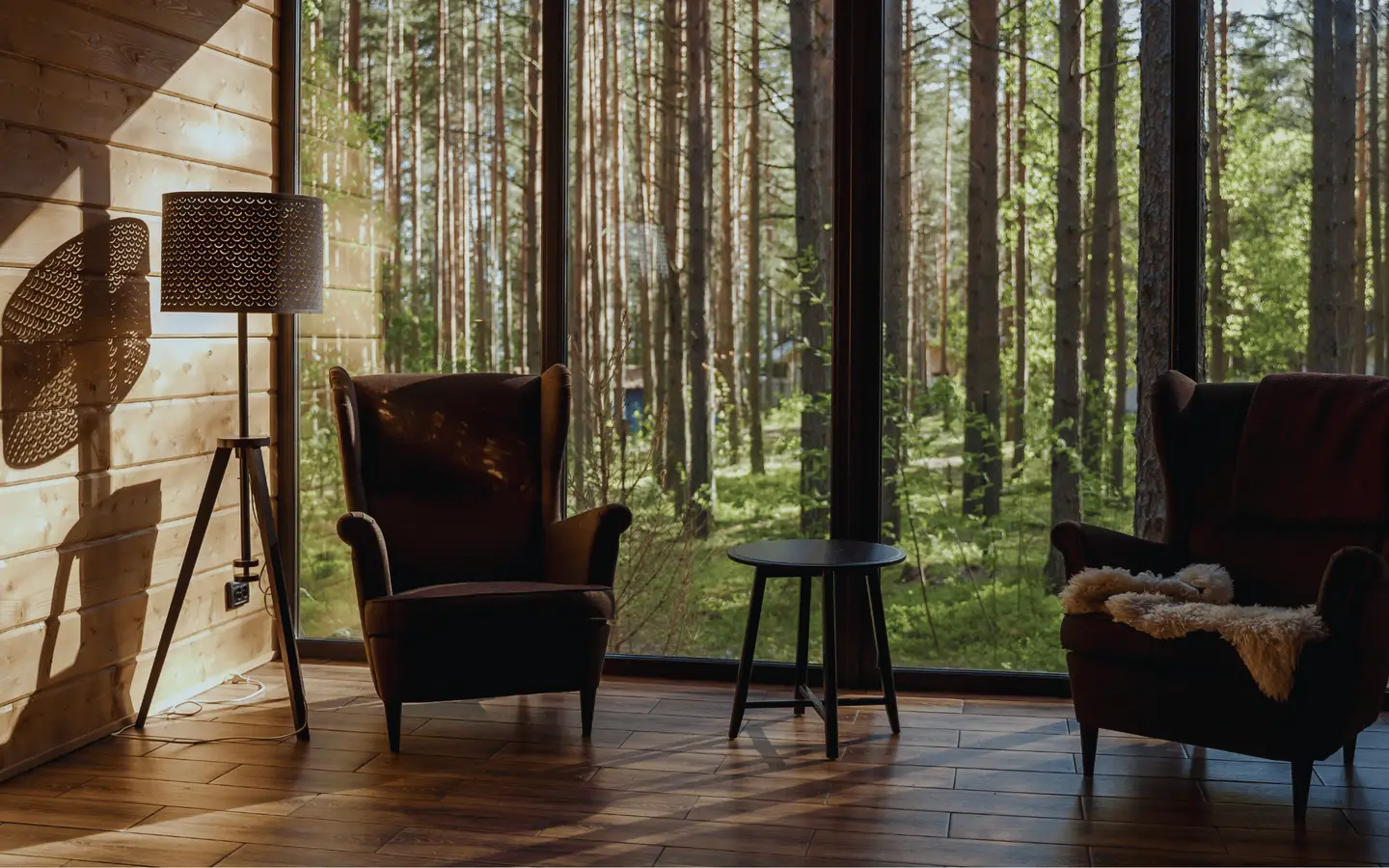 Living room with large windows onto a forest
