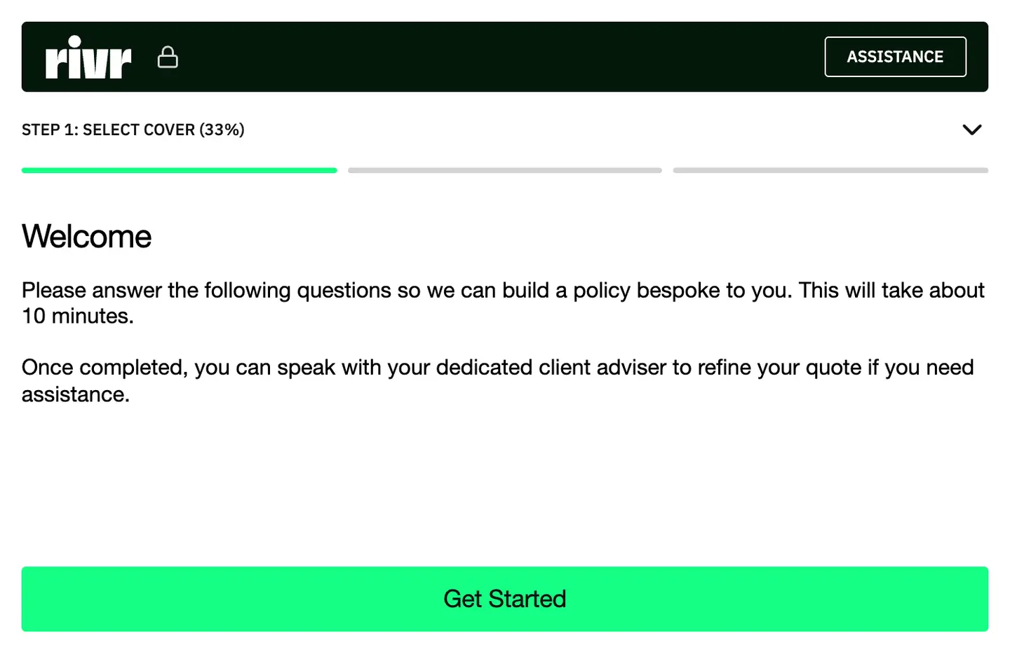 Rivr digital high value home insurance onboarding screen